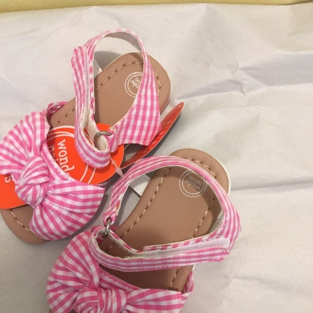 Wonder Nation Sandals Baby Girls 5 Pink Gingham New Bow Ankle Strap Summer Shoes - Picture 3 of 4